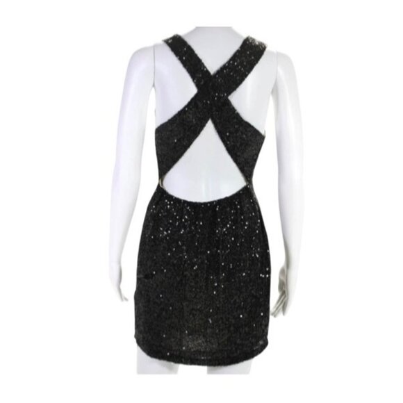 Lovers + Friends Black Sequin Mini Dress Cross Back Sleeveless Womens Size L - Picture 2 of 7